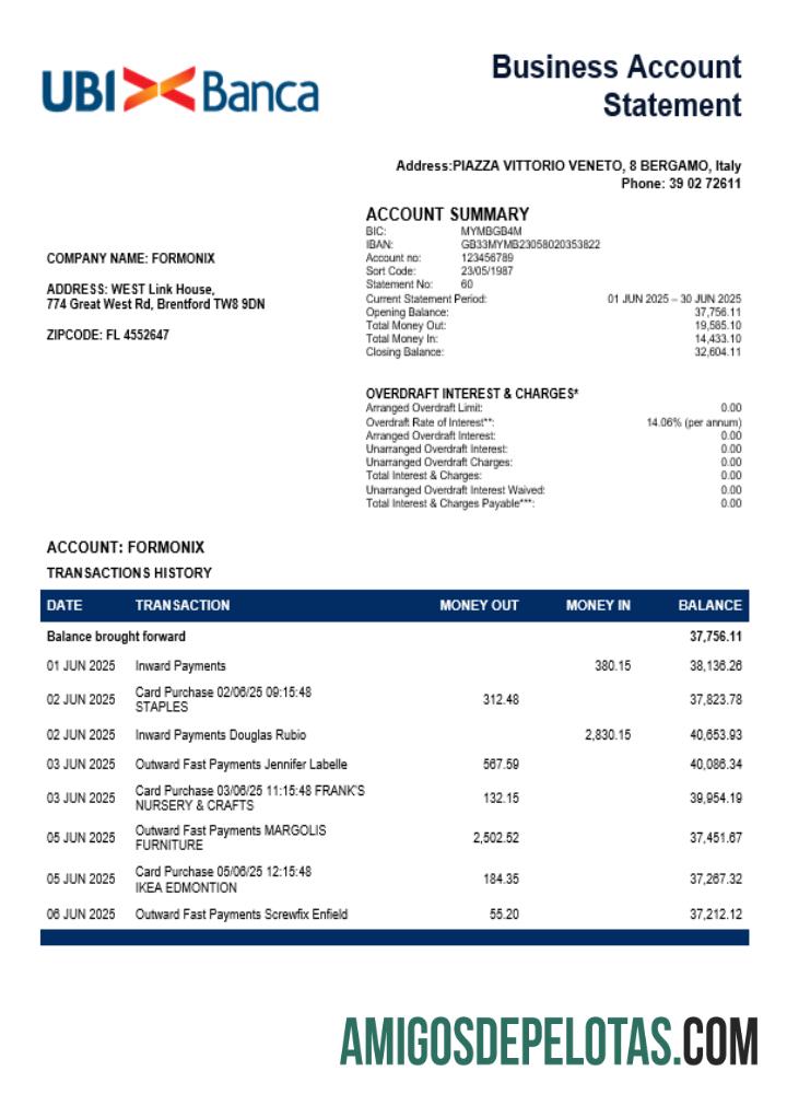 UBI BANCA empresa bancária extrato de conta corrente Modelo Word e PDF